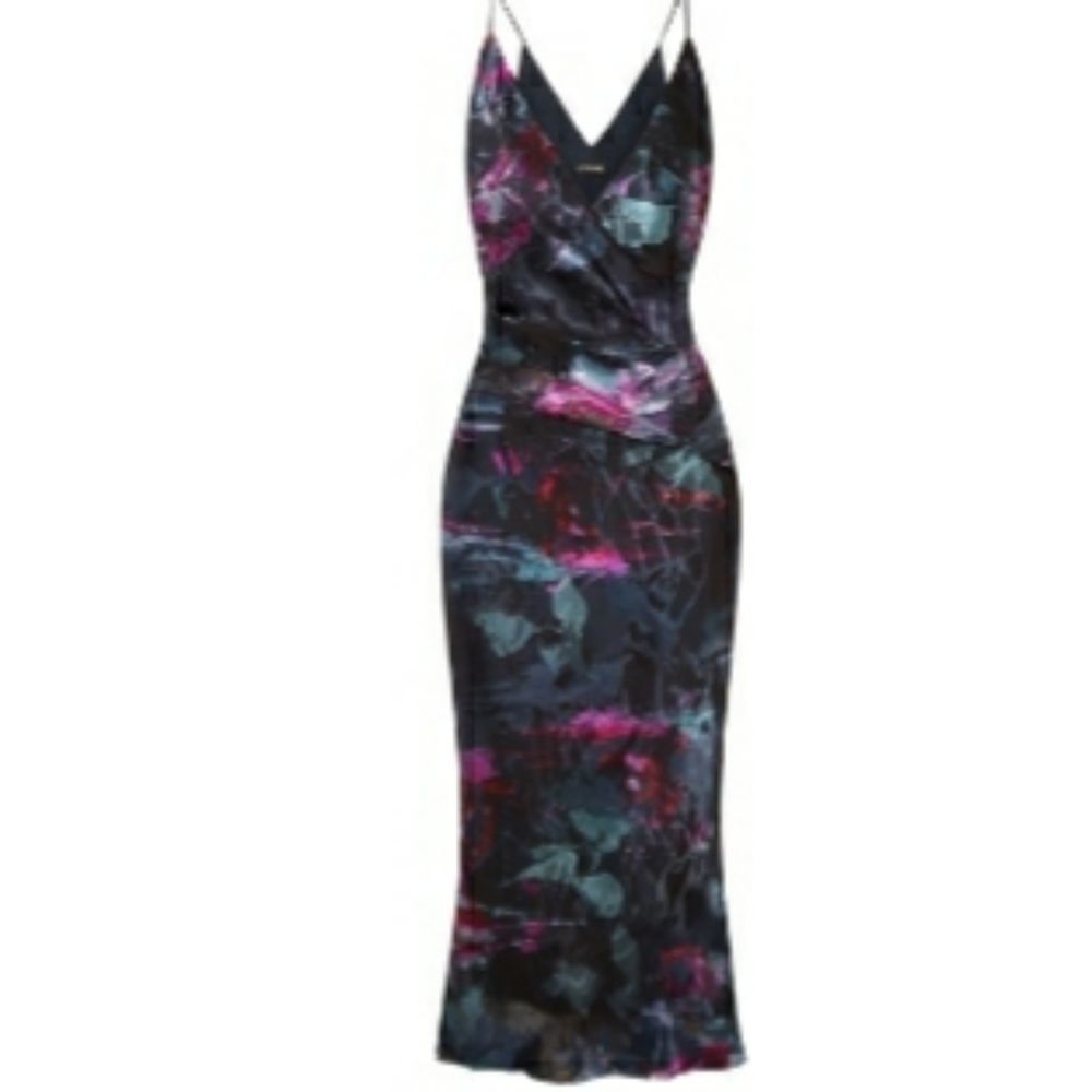 CUSHNIE DEEP V MELTED FLORAL BLUE AND PURPLE DRESS